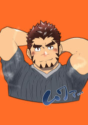 Rule 34 | 1boy, absurdres, akashi (live a hero), alternate hair color, armpits, arms behind head, bara, blush, brown hair, casual, cropped torso, dotsu (wtnbkwiyd), facial hair, goatee, highres, live a hero, long sideburns, looking at viewer, male focus, official alternate costume, pectorals, presenting armpit, red eyes, scar, scar on face, scar on nose, short hair, sideburns, smell, smile, solo, sweat, thick eyebrows, toned, toned male