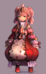 Rule 34 | 10s, 1girl, boots, dress, final fantasy, final fantasy xiv, full body, green eyes, grey background, holysnow, lalafell, long hair, nanamo ul namo, pink hair, pointy ears, simple background, smile, solo, tiara, twintails