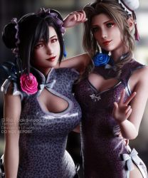 Rule 34 | 2girls, 3d, aerith gainsborough, animal print, asymmetrical bangs, bare arms, black hair, blue flower, blue rose, breasts, brown hair, china dress, chinese clothes, cleavage, cleavage cutout, clothing cutout, double bun, dress, eyeshadow, final fantasy, final fantasy vii, final fantasy vii remake, flower, green eyes, hair bun, highres, large breasts, lipstick, makeup, medium breasts, multiple girls, parted bangs, pink flower, pink rose, red eyes, ria-neearts, rose, sidelocks, sleeveless, sleeveless dress, square enix, tifa lockhart, upper body, v, wall market, wavy hair