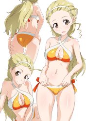 Rule 34 | 10s, 1girl, ass, bad id, bad twitter id, bare arms, bare legs, bare shoulders, bikini, blonde hair, breasts, brown eyes, cleavage, criss-cross halter, forehead, gin&#039;you haru, girls und panzer, hair pulled back, hairband, halterneck, halterneck, highres, inactive account, long hair, looking at viewer, low ponytail, medium breasts, multiple views, navel, orange bikini, sasaki akebi, side-tie bikini bottom, simple background, smile, stomach, swimsuit, white background, white hairband