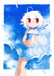 Rule 34 | 1girl, ahoge, bare shoulders, blue dress, blue ribbon, blue sky, border, closed mouth, commentary, copyright request, dot nose, dress, feet out of frame, frilled dress, frills, highres, interlocked fingers, kezuru, knees together feet apart, medium hair, no pupils, no sclera, outside border, own hands together, red eyes, ribbon, sky, sleeveless, sleeveless dress, solo, white border, white hair
