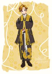 Rule 34 | 1boy, absurdres, alternate costume, black eyes, blush stickers, boots, border, brown footwear, brown hair, cedric diggory, character name, closed mouth, collared shirt, contemporary, full body, hands in opposite sleeves, harry potter (series), highres, hufflepuff, jacket, japanese clothes, long sleeves, looking at viewer, male focus, maru (hardrock5150), sash, scarf, shirt, smile, solo, standing, swept bangs, wizarding world, yellow background, yellow scarf