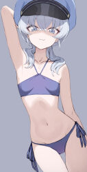 Rule 34 | 1girl, :3, absurdres, arm behind head, armpits, bikini, blue archive, blue bikini, breasts, collarbone, commentary request, criss-cross halter, grey eyes, grey hair, hair between eyes, halterneck, hat, highres, looking at viewer, low twintails, medium hair, navel, nogami (minamiituki), official alternate costume, peaked cap, police, police uniform, policewoman, side-tie bikini bottom, sidelocks, simple background, sleeveless, small breasts, solo, stomach, swimsuit, twintails, uniform, valkyrie police academy student (blue archive)