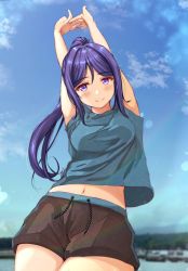 Rule 34 | 1girl, 243 athha, aqua shirt, artist name, artist request, bad id, bad pixiv id, black shorts, blue hair, blue sky, blush, breasts, cloud, collarbone, day, female focus, fingers together, fushimi asuha, hair between eyes, highres, long hair, looking at viewer, love live!, love live! sunshine!!, matsuura kanan, medium breasts, outdoors, own hands together, parted lips, ponytail, purple eyes, shirt, short shorts, shorts, sky, smile, solo