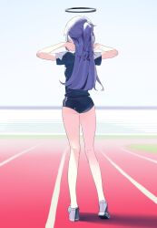 Rule 34 | 1girl, ass, bare legs, black buruma, blue archive, blue shirt, buruma, from behind, full body, grey footwear, halo, hands in hair, highres, legs, long hair, outdoors, ponytail, purple hair, running track, shirt, shoes, short sleeves, solo, standing, track and field, track uniform, yuuka (blue archive), yuuka (track) (blue archive), zippo (2387576974)