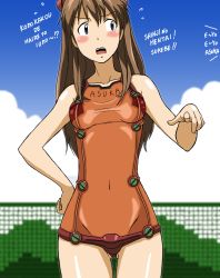Rule 34 | 00s, 1girl, adapted costume, blue eyes, blush, brown hair, evangelion: 2.0 you can (not) advance, hand on own hip, highres, hip focus, navel, neon genesis evangelion, one-piece swimsuit, orange one-piece swimsuit, plugsuit, rebuild of evangelion, romaji text, school swimsuit, see-through, solo, souryuu asuka langley, swimsuit, takaya n, test plugsuit, translation request