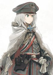 Rule 34 | 1girl, asterisk kome, belt, black belt, cape, cloak, closed mouth, commentary, frown, fur-trimmed cape, fur trim, gauntlets, gloves, green eyes, grey gloves, grey hair, grey hat, grey jacket, hat, highres, holster, hood, hood down, hooded cape, insignia, jacket, looking to the side, medal, medium hair, military, military hat, military uniform, original, peaked cap, sash, simple background, soldier, solo, uniform, upper body, white background, white cape, white cloak