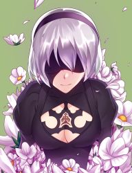 Rule 34 | 1girl, absurdres, blindfold, cleavage cutout, closed mouth, clothing cutout, collarbone, covered eyes, facing viewer, flower, gradient hair, green background, grey hair, hairband, highres, long sleeves, multicolored hair, nier (series), nier:automata, no mole, petals, puffy long sleeves, puffy sleeves, purple flower, short hair, simple background, solo, white flower, white hair, wintersteam, 2b (nier:automata)