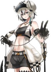 Rule 34 | 1girl, animal ear fluff, animal ears, arknights, armband, bad id, bad pixiv id, bandeau, bare shoulders, belt, black bandeau, black gloves, black hair, black shorts, blue eyes, blush, cabbie hat, checkered clothes, checkered headwear, cliffheart (arknights), collarbone, commentary request, cowboy shot, crossed bangs, gloves, grin, groin, hair between eyes, hair ornament, hat, highres, jewelry, kusarigama, leopard ears, leopard girl, leopard tail, looking at viewer, manjirou (manji illust), midriff, multicolored hair, navel, necklace, open clothes, open vest, paw print, rope, short hair, short shorts, shorts, sickle, sidelocks, simple background, smile, solo, tail, thighlet, two-tone hair, underbust, v, vest, weapon, white background, white belt, white hair, white hat, white vest