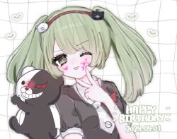 Rule 34 | 1girl, bear hair ornament, blood, blood on face, blush, child, danganronpa (series), danganronpa another episode: ultra despair girls, dated, eyebrows, eyelashes, female focus, green eyes, green hair, hair ornament, hairband, hand on own face, hand up, happy birthday, headband, heart, highres, looking at viewer, monokuma, one eye closed, pink blood, red hairband, red headband, s9rya, simple background, solo, solo focus, tongue, tongue out, towa monaca, twintails, v, white background, wink