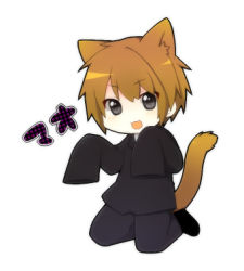 Rule 34 | 1boy, animal ears, bad id, bad pixiv id, brown hair, cat boy, cat ears, cat tail, chibi, grey eyes, kneeling, lowres, male focus, open mouth, oversized clothes, redvvvred, sleeves past wrists, solo, tail, white background