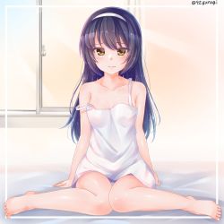 Rule 34 | 10s, 1girl, arm support, backlighting, barefoot, bed sheet, black hair, border, breasts, brown eyes, closed mouth, collarbone, commentary, dress, feet, frown, full body, girls und panzer, hairband, indoors, light frown, long hair, looking at viewer, on bed, reizei mako, short dress, sitting, small breasts, solo, strap slip, sweat, twitter username, wariza, white border, white dress, white hairband, window, yunagi (arukumaruta)