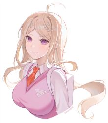 Rule 34 | 1girl, 2023, absurdres, ahoge, akamatsu kaede, backpack, bag, blonde hair, breasts, closed mouth, collared shirt, cropped torso, danganronpa (series), danganronpa v3: killing harmony, dated, fortissimo, hair ornament, highres, keke (xfxyuio), large breasts, long hair, long sleeves, looking at viewer, musical note, musical note hair ornament, necktie, orange necktie, pink eyes, pink sweater vest, randoseru, shirt, simple background, smile, solo, sweater vest, upper body, white background, white shirt