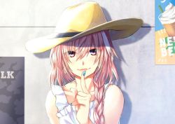 Rule 34 | 1boy, against wall, astolfo (fate), blue nails, blush, commentary, dress, earrings, fate/apocrypha, fate (series), flying, hat, hoop earrings, index finger raised, jewelry, long braid, long hair, looking at viewer, male focus, multicolored hair, nail polish, nakajima kotoko, pink hair, purple eyes, sleeveless, smile, solo, streaked hair, sun hat, trap, upper body, white dress, white hair