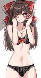 Rule 34 | 1girl, absurdres, black bra, black panties, bow, bra, brown hair, cowboy shot, floral print, frilled bow, frills, hair bow, hakurei reimu, hands up, highres, kiui (dagk8254), lace, lace panties, long hair, one eye closed, panties, red bow, red eyes, simple background, solo, touhou, underwear, underwear only, white background