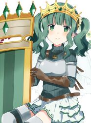 1girl armor blunt_bangs breastplate breasts brown_gloves closed_mouth commentary_request cowboy_shot crown fujishiro_emyu futaba_sana gloves green_eyes green_hair green_sweater highres holding holding_shield long_hair long_sleeves looking_at_viewer magia_record:_mahou_shoujo_madoka_magica_gaiden magical_girl mahou_shoujo_madoka_magica medium_breasts pavise shield sidelocks sitting skirt smile solo sweater twintails wavy_hair white_skirt