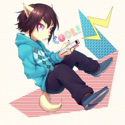 Rule 34 | 1boy, animal ears, black hair, cellphone, dog ears, dog tail, expressionless, furry, furry male, hand in pocket, highres, hood, hoodie, male focus, original, pants, phone, pink eyes, raizinndx, shoes, short hair, smartphone, solo, tail