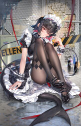 Rule 34 | 1girl, apron, black dress, black footwear, black hair, black pantyhose, blush, bow, breasts, cigarette, clothes lift, collar, colored inner hair, dress, ear piercing, ellen joe, frills, full body, graffiti, headdress, headwear request, high heels, highres, holding, knees up, large breasts, looking at viewer, maid, maid apron, maid headdress, mary janes, melailai, multicolored hair, nail polish, pantyhose, piercing, puffy short sleeves, puffy sleeves, red eyes, red hair, red nails, red ribbon, ribbon, shoes, short hair, short sleeves, sitting, skirt, skirt lift, solo, tail, thighhighs, underwear, wrist cuffs, zenless zone zero