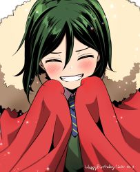 Rule 34 | 1boy, birthday, blush, cape, closed eyes, dated, fate/zero, fate (series), fur collar, green hair, grin, hair between eyes, happy birthday, highres, male focus, red cape, simple background, smile, solo, striped neckwear, tsumumi (kandume103), upper body, waver velvet, white background
