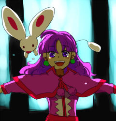 Rule 34 | 1girl, :d, ahoge, capelet, creature, crying, crying with eyes open, earrings, floating, grandia, grandia i, jewelry, long hair, long sleeves, looking at viewer, open mouth, outstretched arms, parted bangs, purple eyes, purple hair, puui (grandia), smile, solo, sue (grandia), tears, upper body