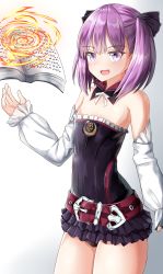 Rule 34 | 1girl, :d, absurdres, belt, belt buckle, black dress, black ribbon, blush, book, buckle, commentary request, detached sleeves, dress, fate/grand order, fate (series), floating, floating book, floating object, gradient background, grey background, hair between eyes, hair ribbon, hand up, helena blavatsky (fate), highres, long sleeves, magic, moyoron, open book, open mouth, puffy long sleeves, puffy sleeves, purple eyes, purple hair, red belt, ribbon, sefirot, sleeves past wrists, smile, solo, strapless, strapless dress, white background