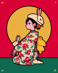 Rule 34 | 1girl, 2023, asa no ha (pattern), black choker, black hair, chinese zodiac, choker, circle, expressionless, flat color, floral print, flower, full body, hair flower, hair ornament, halftone, highres, japanese clothes, kimono, long sleeves, miyoshi yoshimi, obi, original, print kimono, profile, red flower, red rose, rose, sash, sitting, solo, wide sleeves, year of the rabbit, yellow sash