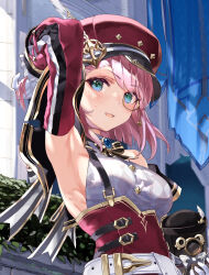 Rule 34 | 1girl, arm up, armpits, bare shoulders, belt, blush, breasts, brooch, cabbie hat, camera, charlotte (genshin impact), detached sleeves, dress, genshin impact, gloves, green eyes, hat, hat feather, highres, jewelry, looking at viewer, medium breasts, monocle, neck ribbon, open mouth, pink hair, puffy detached sleeves, puffy sleeves, red dress, red hat, red sleeves, ribbon, shirt, short hair, sleeveless, sleeveless shirt, smile, solo, suspenders, swept bangs, temir, white gloves, white shirt