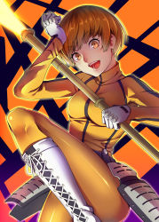 Rule 34 | 1girl, absurdres, brown hair, cosplay, highres, looking at viewer, pantyhose, persona, persona 4, polearm, satonaka chie, short hair, smile, solo, spear, tomoe (persona 4), tomoe (persona 4) (cosplay), weapon, yuuten