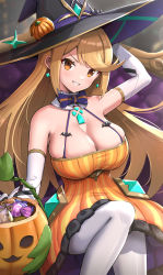 Rule 34 | 1girl, alternate costume, blonde hair, bow, bowtie, breasts, candy, chair, cleavage, earrings, elbow gloves, food, gloves, gonzarez, halloween, halloween bucket, halloween costume, hat, highres, jewelry, knees up, large breasts, long hair, looking at viewer, mythra (radiant beach) (xenoblade), mythra (xenoblade), pantyhose, pumpkin, sitting, skindentation, smile, solo, star (symbol), star earrings, swept bangs, teeth, very long hair, white pantyhose, witch, witch hat, xenoblade chronicles (series), xenoblade chronicles 2, yellow eyes