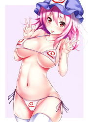 Rule 34 | 1girl, :p, alternate costume, bare shoulders, bikini, blush, breasts, cameltoe, collarbone, covered erect nipples, curvy, double v, ebi 193, hat, large breasts, looking at viewer, navel, nipples, pink hair, red eyes, revision, saigyouji yuyuko, short hair, side-tie bikini bottom, simple background, smile, solo, stomach, strap gap, swimsuit, thighhighs, tongue, tongue out, touhou, triangular headpiece, underboob, v, white thighhighs
