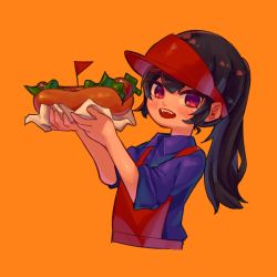 Rule 34 | 1girl, absurdres, apron, black hair, blue shirt, blush, collared shirt, cropped torso, fangs, flag, food, hat, highres, holding, holding food, hot dog, lettuce, long hair, looking at viewer, more e 4km, open mouth, orange background, original, ponytail, red apron, red eyes, red flag, red hat, shirt, simple background, smile, solo, triangle, upper body