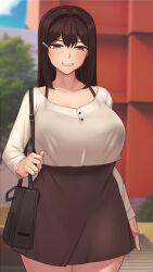 Rule 34 | 1girl, arm at side, bag, blue sky, blurry, blurry background, blush, breasts, brown hair, brown skirt, carrying over shoulder, cleavage, cloud, collarbone, commentary, cowboy shot, curvy, day, dress, grin, hair between eyes, handbag, highres, large breasts, legs, light blush, long hair, long sleeves, looking at viewer, nt00, original, outdoors, pink eyes, shirt, skirt, sky, smile, solo, standing, teeth, thighs, tree, white shirt, wide hips, yumi (nt00)