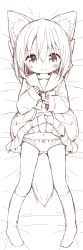 Rule 34 | 1girl, animal ear fluff, animal ears, ayanepuna, bed sheet, blush, borrowed character, bow, bow panties, closed mouth, clothes lift, commentary request, full body, greyscale, hair between eyes, highres, jacket, kneehighs, long sleeves, looking at viewer, lying, miike-chan, monochrome, navel, no shoes, on back, open clothes, open jacket, original, panties, pleated skirt, sailor collar, shirt, skirt, skirt lift, sleeves past wrists, socks, solo, sweat, tail, underwear, wavy mouth