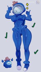 Rule 34 | 1girl, :q, among us, artist name, blue (among us), blue (among us) (cosplay), blue bodysuit, bluethebone, bluesona (bluethebone), bodysuit, breasts, brown eyes, brown hair, commentary, cosplay, covered erect nipples, covered navel, cowboy hat, crewmate (among us), crewmate (among us) (cosplay), double thumbs up, english commentary, eyes visible through hair, grey background, hat, highres, large breasts, looking at viewer, mini hat, nipples, original, short hair, simple background, smile, spacesuit, sparkle, thumbs up, tilted headwear, tongue, tongue out