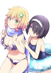 Rule 34 | 2girls, bikini, black hair, blonde hair, blue scarf, blush, breasts, clenched hands, closed mouth, collarbone, floral print, from side, frown, furrowed brow, gabriel dropout, gluteal fold, green eyes, hair ornament, hair over one eye, innertube, kurona mei, large breasts, leaning forward, looking at another, looking at viewer, multiple girls, official art, one-piece swimsuit, parted lips, purple bikini, purple eyes, scarf, short hair, simple background, swim ring, swimsuit, tapris chisaki sugarbell, ukami, wavy mouth, white background