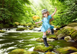 Rule 34 | 1girl, artist name, bad id, bad pixiv id, black footwear, blue shirt, boots, brown eyes, brown hair, child, commentary, dated, day, english commentary, flag, flat cap, forest, hand up, hat, hataraku saibou, holding, holding flag, lilia creative, long hair, looking at viewer, moss, nature, open mouth, outdoors, platelet (hataraku saibou), rock, rubber boots, shirt, short sleeves, shorts, signature, smile, solo, standing, standing on one leg, stream, sunlight, very long hair, water, white hat
