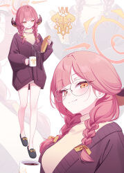 Rule 34 | 1girl, alternate costume, alternate hairstyle, aru (blue archive), bespectacled, black footwear, blue archive, blush, book, braid, breasts, brown horns, brown jacket, closed mouth, coffee, cup, deadnooodles, demon horns, glasses, halo, highres, holding, holding book, holding cup, horns, jacket, large breasts, long hair, long sleeves, multiple views, open mouth, pink hair, pink halo, slippers, smile, sweater, turtleneck, turtleneck sweater, twin braids, unworn eyewear, yellow eyes, yellow sweater
