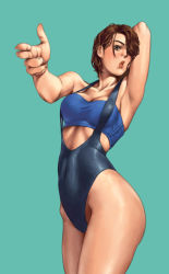 Rule 34 | 1girl, aqua background, armpits, broken-noodle, brown hair, capcom, cowboy shot, hair over one eye, jill valentine, long hair, looking at viewer, navel, one-piece swimsuit, resident evil, resident evil 3, resident evil 3: nemesis, short hair, simple background, solo, strapless, swimsuit, tube top