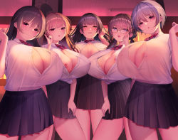 Rule 34 | 5girls, adjusting hair, bow, breasts, brown hair, cleavage, copyright request, glasses, highres, large breasts, looking at viewer, multiple girls, nipples, no bra, open clothes, open mouth, open shirt, school uniform, see-through, shiroiruka, shirt, silver hair, skirt, smile, taut clothes, taut shirt, twintails