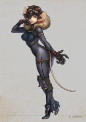 Rule 34 | 1girl, aldera (pixiv fantasia last saga), animal ears, artist name, ass, black bodysuit, bodysuit, brown hair, claws, copyright name, eyepatch, full body, fur scarf, gradient hair, high heels, highres, knee pads, knife, mouse ears, mouse girl, mouse tail, multicolored hair, nishiki areku, pixiv fantasia, pixiv fantasia last saga, red eyes, red hair, simple background, solo, standing, tail, throwing knife, tongue, tongue out, weapon