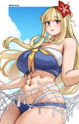 Rule 34 | abs, alternate breast size, blonde hair, breasts, commission, cromwellb, fletcher (kancolle), highres, kantai collection, large breasts, long hair, muscular, muscular female, pixiv commission, solo, swimsuit