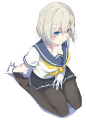 Rule 34 | 1girl, black pantyhose, black skirt, blue eyes, blue sailor collar, commentary request, from above, full body, gloves, grey hair, hair ornament, hairclip, hamakaze (kancolle), hitsuki aki (forked road), kantai collection, looking at viewer, neckerchief, pantyhose, parted lips, pleated skirt, sailor collar, short hair, short sleeves, sitting, skirt, smile, solo, wariza, white background, white gloves, yellow neckerchief