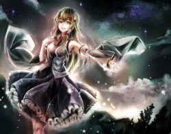 Rule 34 | 1girl, breasts, cowboy shot, detached sleeves, frilled skirt, frills, frog hair ornament, green eyes, green hair, hair ornament, jan (lightdragoon), kochiya sanae, long hair, looking at viewer, matching hair/eyes, nebula, night, night sky, open mouth, outdoors, outstretched arm, revision, skirt, sky, smile, snake hair ornament, solo, star (sky), starry sky, touhou, very long hair