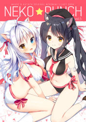 Rule 34 | 2girls, :d, aina rive, animal ear fluff, animal ears, arm support, bare shoulders, beret, bikini, black bikini, black hair, black headwear, black sailor collar, blue eyes, blush, bow, breasts, brown footwear, brown hair, cat ears, cat girl, cat tail, cleavage cutout, closed mouth, clothing cutout, collarbone, commentary request, hair between eyes, hair intakes, hat, heterochromia, highres, long hair, mauve, medium breasts, multiple girls, navel, neckerchief, open mouth, original, red bow, red neckerchief, sailor bikini, sailor collar, silver hair, sitting, smile, socks, striped, striped bow, swimsuit, tail, twintails, very long hair, wariza, white bikini, white headwear, white legwear, white sailor collar