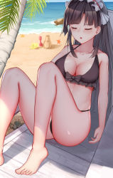 Rule 34 | 1girl, :o, absurdres, arm at side, ass, bad id, bad pixiv id, bare legs, barefoot, beach, beach chair, bikini, black bikini, black hair, bow, bow bikini, breasts, bucket, character request, cleavage, closed eyes, commentary request, crab, feet, frilled bikini, frills, highres, jean.organ, knees up, maid headdress, medium breasts, ocean, open mouth, outdoors, palm tree, sand, sand castle, sand sculpture, shovel, sleeping, solo, starfish, swimsuit, thighs, toes, tree, warship girls r