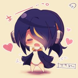 Rule 34 | 10s, 1girl, :o, = =, barefoot, black hair, black jacket, blush, chibi, emperor penguin (kemono friends), closed eyes, facing viewer, hair over one eye, headphones, heart, jacket, kemono friends, leotard, long hair, multicolored hair, muuran, open clothes, open jacket, open mouth, orange hair, signature, solo, standing, streaked hair, translation request, white leotard