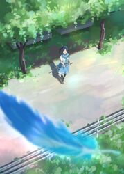 Rule 34 | 1girl, bench, black hair, black socks, blue eyes, blue neckerchief, blue sailor collar, blue skirt, blurry, brown footwear, closed mouth, commentary, day, depth of field, falling feathers, feathers, flute, fuyuhino, hibike! euphonium, highres, holding, holding flute, holding instrument, instrument, kasaki nozomi, kitauji high school uniform, kneehighs, liz to aoi tori, long hair, looking at viewer, neckerchief, outdoors, park bench, plant, pleated skirt, ponytail, sailor collar, school uniform, serafuku, shadow, shirt, short sleeves, sidelocks, skirt, socks, solo, standing, white shirt, wide shot