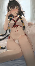 Rule 34 | 1girl, absurdres, ahoge, animal ears, anju (utawarerumono), bed, bed sheet, black hair, blush, braid, breasts, collarbone, commentary, commission, cropped kimono, curtains, drooling, hair between eyes, hair tubes, highleg, highleg panties, highres, holding, holding pillow, japanese clothes, kimono, leg up, long hair, looking at viewer, midriff, mixed-language commentary, mouth drool, multiple braids, navel, neck ribbon, one eye closed, open mouth, panties, pillow, pixiv commission, quad braids, red ribbon, ribbon, rubbing eyes, ryu (yanagi), short sleeves, side-tie panties, sitting, sleepy, small breasts, solo, squeans, stomach, underwear, utawarerumono, utawarerumono: futari no hakuoro, white kimono, white panties, yellow eyes