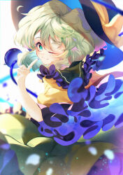Rule 34 | 1girl, ;), absurdres, black hat, blurry, blush, bow, calpis118, closed mouth, collared shirt, commentary request, cowboy shot, depth of field, floating clothes, frilled shirt collar, frilled sleeves, frills, from behind, green eyes, green hair, hair between eyes, hand up, hat, hat bow, highres, index finger raised, komeiji koishi, long sleeves, looking at viewer, looking back, medium hair, one eye closed, shirt, sidelighting, simple background, smile, solo, standing, third eye, touhou, unworn headwear, wavy hair, white background, wide sleeves, yellow bow, yellow shirt