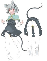 Rule 34 | 1girl, akagashi hagane, animal ears, black dress, crying, dress, feet, from behind, jewelry, long sleeves, mouse ears, mouse tail, nazrin, necklace, open mouth, pantyhose, peeing, peeing self, red eyes, short hair, silver hair, tail, tears, touhou, wavy mouth, white pantyhose